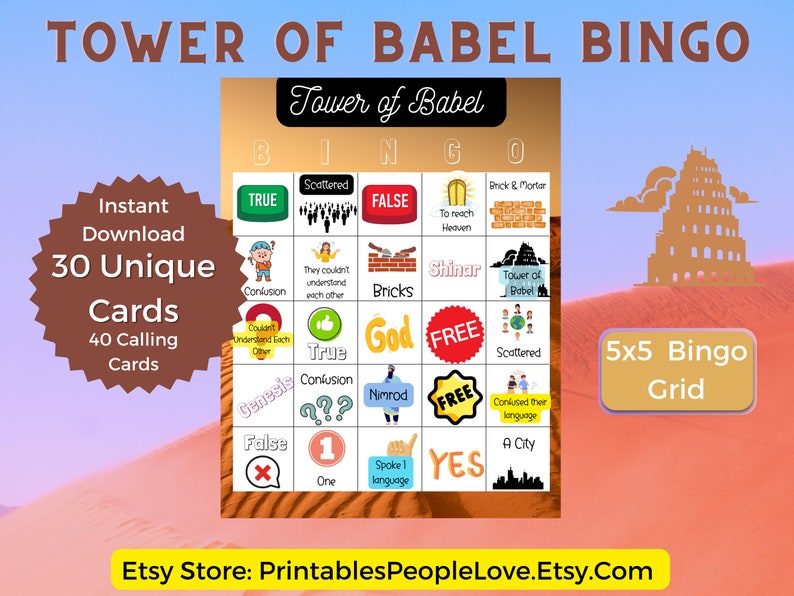 Tower of Babel Bingo Bible Bingo VBS Bingo Sunday school image 1