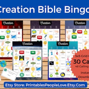 Creation Bingo, Bible Bingo, VBS Bingo, Sunday School Bingo, Bingo Cards for Kids, Printable Games for Kids, Religious Games, Youth Group