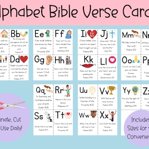 Tarjetas de versículos bíblicos del alfabeto, tarjetas didácticas bíblicas ABC imprimibles, cartas preescolares, plan de estudios preescolar, versículo de memoria, versículo bíblico preescolar