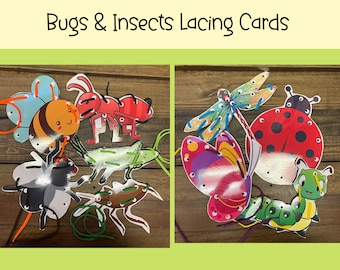 Bugs & Insects Lacing Cards, Montessori Learning, Montessori Toys, Preschool Sewing Cards, Lacing Game, Busy Bags, Learning Game, fine motor