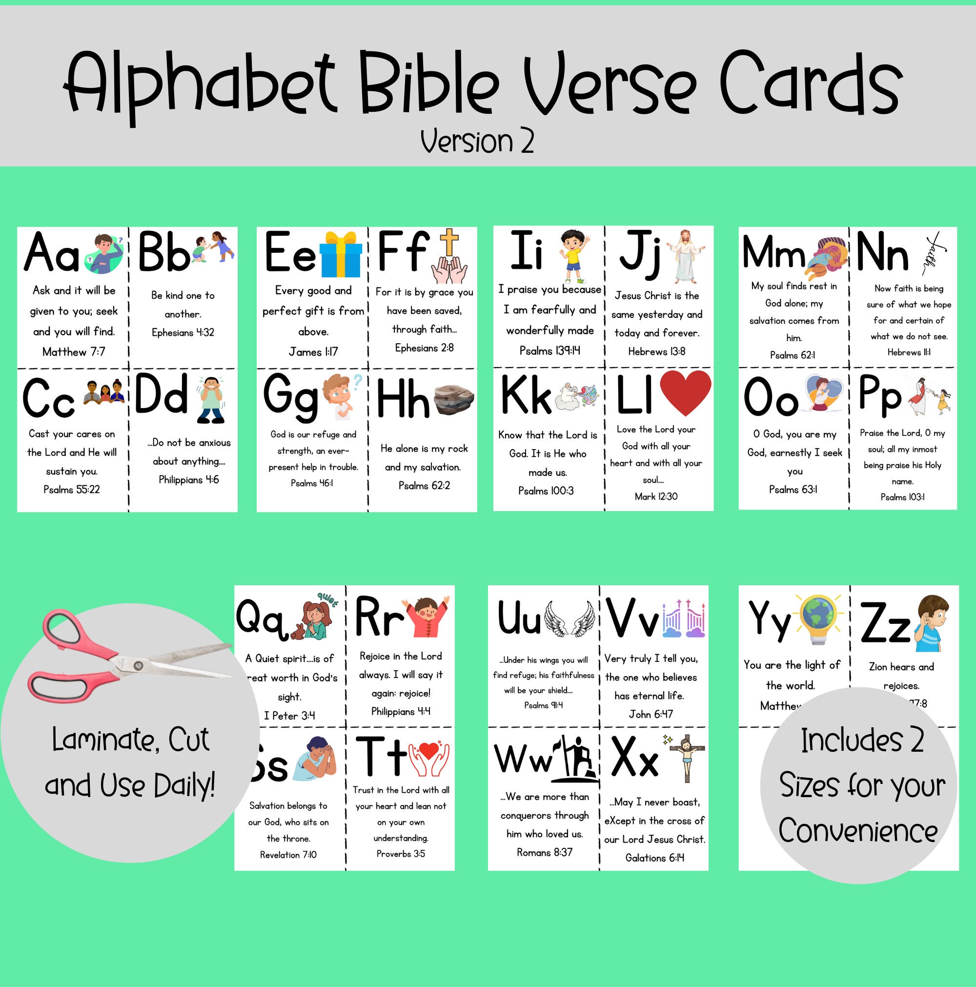 Alphabet Bible Verse Cards Version 2, Printable ABC Bible Flashcards