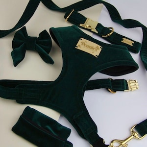 Green Velvet Dog Harness Set, Luxury Handmade Puppy Collar and Leash, Adjustable Accessories with Metal Buckles, Lead Poo Bag Holder EMERALD