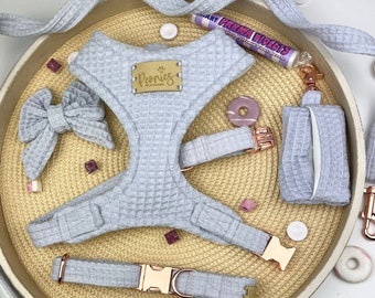 Dog Harness Set in Parma Violet (Lilac/Purple/Lavender) Waffle Dog Harness/Collar/Lead/Poo Bag Holder/Bow Tie OR Neck Tie/Set