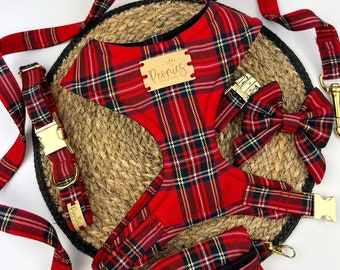 Red Tartan Dog Harness Accessories Set. Collar & Leash Set for Puppy. Poo Bag Holder. Bow Tie for Pooch. Handmade Lead -TRADITIONAL TARTAN