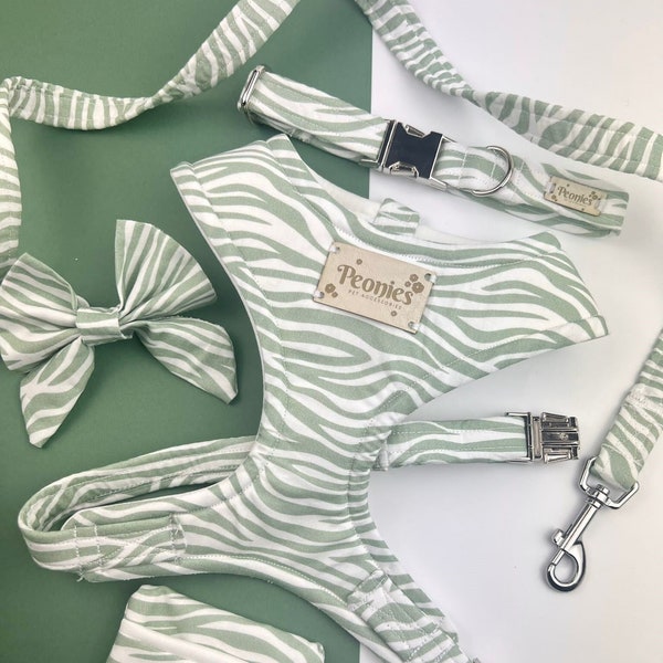 Sage/Mint Zebra Print 'Wild One' Dog Accessories Adjustable Set (Collar/Harness/Lead/Poo Bag Holder/ Bow Tie/Neck Tie) with Metal Buckles