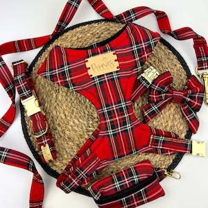 Red Tartan Dog Harness Accessories Set. Collar & Leash Set for Puppy. Poo Bag Holder. Bow Tie for Pooch. Handmade Lead -TRADITIONAL TARTAN