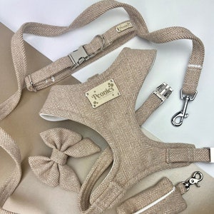 Beige Neutral 'Prim & Proper' Herringbone/Tweed Dog Accessories Adjustable Set (Collar/Harness/Lead/Poo Bag Holder/Bow Tie) w Metal Buckles