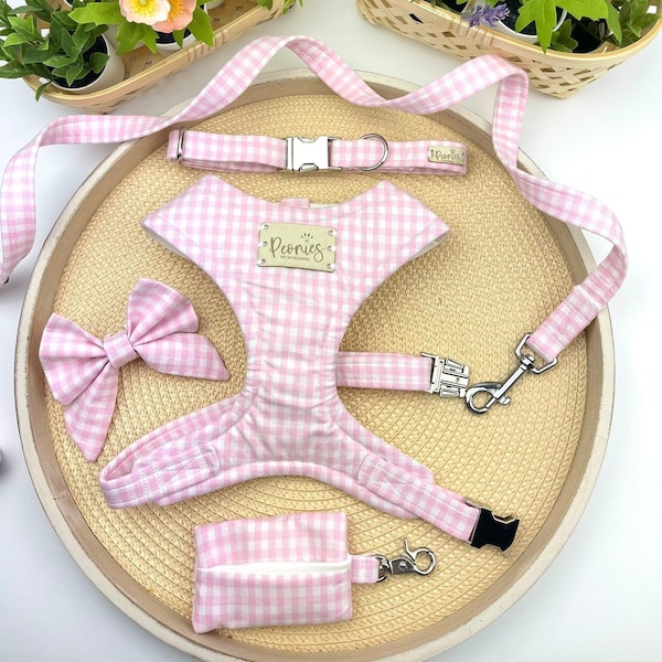 Dog Harness Set /Collar/Lead/Poo Bag Holder/Bow Tie OR Neck Tie/Set in Gingham Sweet Pea (Pink/Light/Baby/Blush/Rose/Stone/Check/Plaid)