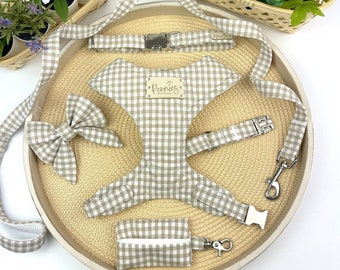 Beige Dog Harness Set, Neutral Accessories for Puppy, Handmade Collar Leash Set, Hand Made to Measure, Gingham Collar Lead Bow Set- PAMPAS