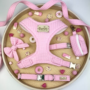 Dog Harness Set in Bon-Bon (Light/baby Pink) Waffle Dog Harness/Collar/Lead/Poo Bag Holder/Bow Tie OR Neck Tie/Set