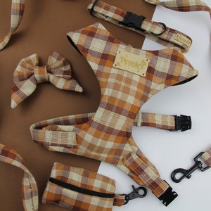 Tartan Dog Harness and Leash Collar Bow Tie Set, Soft Luxury Puppy Harness Lead Collar Set, Neutral Red Handmade Accessories -CRUNCHY LEAVES