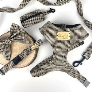 Sunday Best (Beige/Brown/Dog tooth/Houndstooth) Dog Accessories Adjustable Set (Collar/Harness/Lead/Poo Bag Holder/Bow Tie) w Metal Buckles