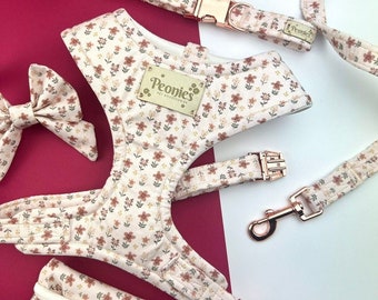 Floral Dog Harness Set, Collar Leash Set for Puppy, Luxury Handmade Dog Accessories, Poo Bag & Lead, Bow Tie, Neutral Flower Print -IN BLOOM