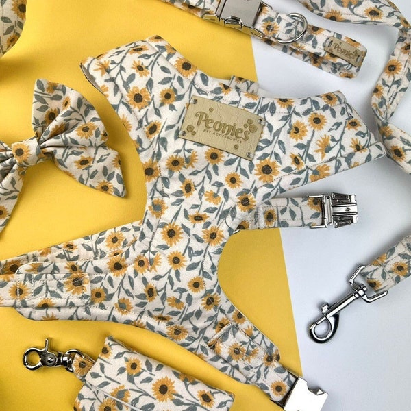 Floral Sunflower Yellow & White Dog Accessories Adjustable Set (Collar/Harness/Lead/Poo Bag Holder/Bow Tie) w Metal Buckles