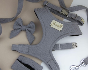 Grey Dog Accessories Set. Adjustable Harness Lead & Collar for Puppy. Pet Bow-Tie. Poo Bag Holder. Over the Head. Waffle -EARL GREY