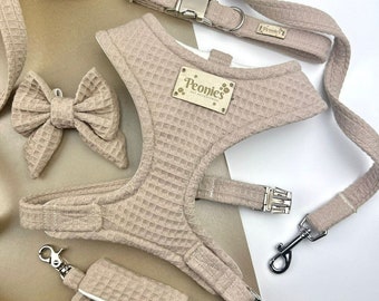 Beige Neutral 'sweet cream' Waffle Dog Accessories Adjustable Set (Collar/Harness/Lead/Poo Bag Holder/Bow Tie) with Metal Buckles