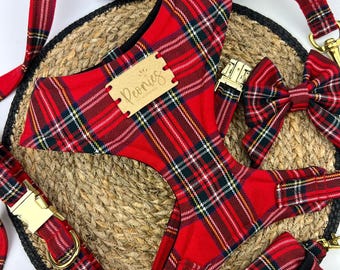 Red Tartan Dog Harness Accessories Set. Collar & Leash Set for Puppy. Poo Bag Holder. Bow Tie for Pooch. Handmade Lead -TRADITIONAL TARTAN