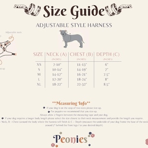 May include: Size guide for an adjustable style dog harness. The chart lists neck, chest, and depth measurements in inches for sizes XS to XL. Includes a diagram of the harness and measuring instructions. The brand name "Peonies" is at the bottom.