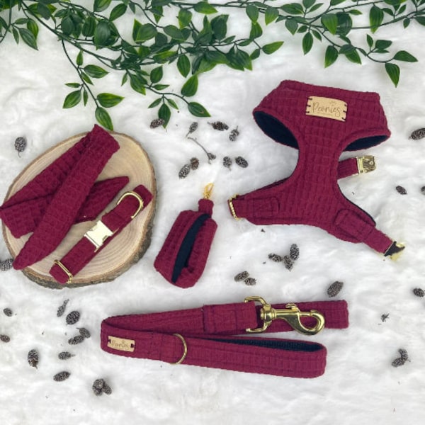 Burgundy Dog Harness Set, Harness Collar & Leash for Puppy, Red Luxury Festive Pet Accessories, Poo Bag Holder, Bow Tie - CHERRY BAKEWELL