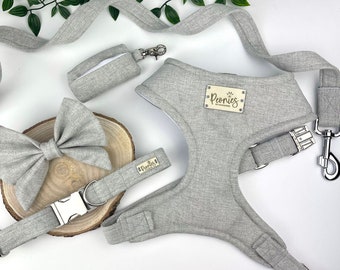 Dog Harness Set in Pebble Grey (Light/Silver)(Chenille/Soft Brushed Textured/Tweed/Plain)Harness/Collar/Lead/Poo Bag Holder/Sailor Bow/Set