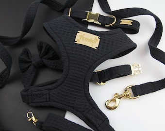 Black Dog Harness and Leash Collar Bow Tie Set, Soft Luxury Puppy Harness Lead Collar Set, Neutral Handmade Accessories Metal buckles