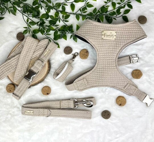 Cookies & Cream Beige Waffle Dog Accessories Adjustable Set (Collar/Harness/Lead/Poo Bag Holder/ Bow Tie/Neck Tie) with Metal Buckles