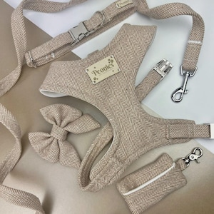 Può includere: Un set di imbracatura per cani beige a spina di pesce, che include guinzaglio, collare, fiocco e porta sacchetti per rifiuti. Il set presenta elementi metallici e un'etichetta con il marchio "Peonies".