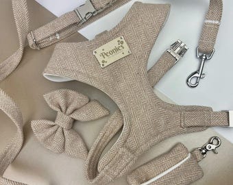 Beige Neutral 'Prim & Proper' Herringbone/Tweed Dog Accessories Adjustable Set (Collar/Harness/Lead/Poo Bag Holder/Bow Tie) + Metal Buckles