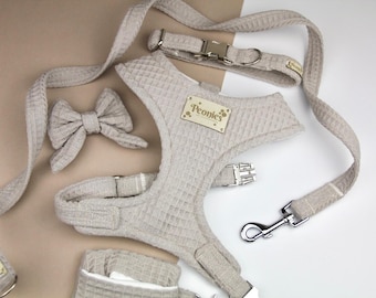 Beige/Cream Dog Harness Set. Puppy Accessories. Handmade Collar and Leash for Pet. Poo Bag Holder. Pooch Bow Tie. Waffle. Cookies & Cream