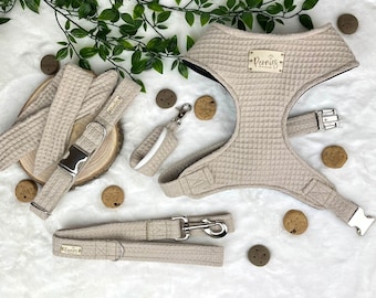Cream Dog Harness Set, Beige Collar & leash Set for Puppy, Neutral Dog Accessories, Handmade to Measure, Adjustable Style- Cookies and Cream