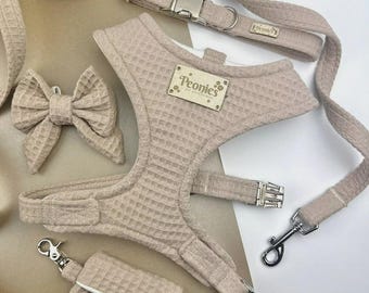 Beige/Cream Dog Harness Set. Puppy Accessories. Handmade Collar and Leash for Pet. Poo Bag Holder. Pooch Bow Tie. Waffle. Sweet Cream