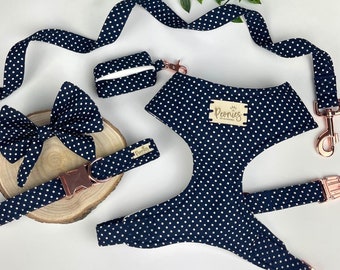 Dog Harness Set in Midnight Polka Dot (Navy/Blue/Dark) Dog Harness/Collar/Lead/Poo Bag Holder/Sailor Bow/Set With Metal Buckles