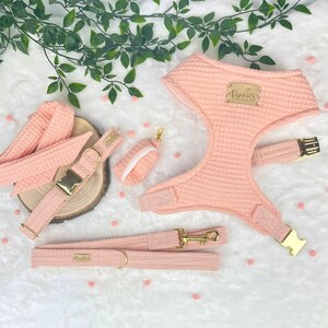 Dog Harness Set in Peach Cobbler (Apricot/Baby Pink) Waffle Dog Harness/Collar/Lead/Poo Bag Holder/Neck Tie/Set