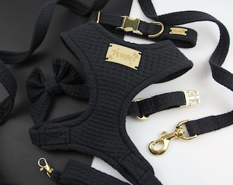 Black Dog Harness and Leash Collar Bow Tie Set, Soft Luxury Puppy Harness Lead Collar Set, Neutral Handmade Accessories Gold Metal -GATEAU