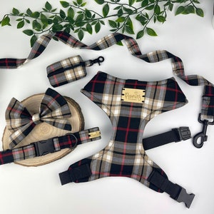 Dog Harness Set in The &#39;Boujee in Black&#39; Nova Check/Tartan Dog/Plaid Harness/Collar/Lead/Poo Bag Holder/Sailor Bow/Set With Metal Buckles