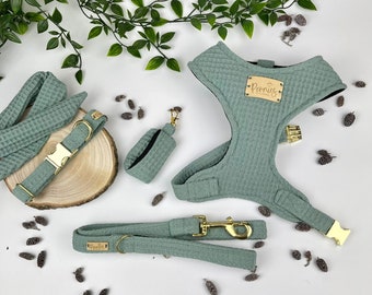 Sage Green Dog Accessories Set. Puppy Harness, Collar and Lead. Handmade Bow Tie. Poo Bag Holder. Adjustable Over the Head. Waffle PISTACHIO