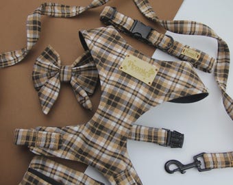 Tartan Dog Harness and Leash Collar Bow Tie Set, Handmade Adjustable Luxury Puppy Accessories Set Poo Bag Holder, Metal Buckles RUSTIC PLAID
