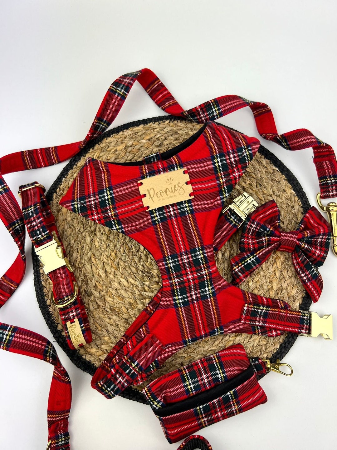 Red Tartan Dog Harness Accessories Set. Collar & Leash Set for Puppy ...