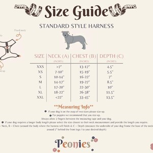 May include: Size guide for a standard style dog harness, featuring measurements in inches for neck, chest, and depth. Includes a diagram of the harness and a dog silhouette. The text also includes measuring tips.
