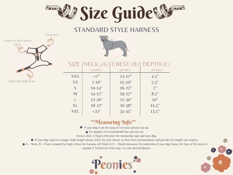 May include: Size guide for a standard style dog harness, featuring measurements in inches for neck, chest, and depth. Includes a diagram of the harness and a dog silhouette. The text also includes measuring tips.
