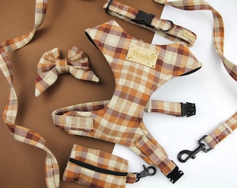 Tartan Dog Harness and Leash Collar Bow Tie Set, Soft Luxury Puppy Harness Lead Collar Set, Neutral Red Handmade Accessories -CRUNCHY LEAVES