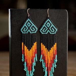 Beadwork earrings, Multi Colours earrings Beaded earrings Ethnic earrings American native Seed beads earrings Fringe earrings Boho earrings