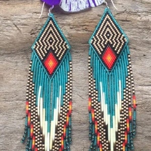 Beadwork earrings, Multi Colours earrings Beaded earrings Ethnic earrings American native Seed beads earrings Fringe earrings Boho earrings