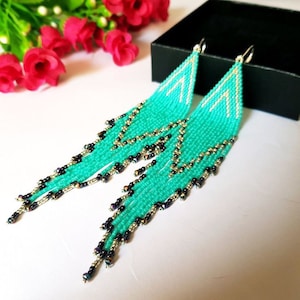 Beadwork earrings, Multi Colours earrings Beaded earrings Ethnic earrings American native Seed beads earrings Fringe earrings Boho earrings