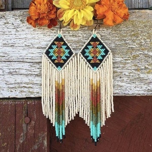 Beadwork earrings, Multi Colours earrings Beaded earrings Ethnic earrings American native Seed beads earrings Fringe earrings Boho earrings