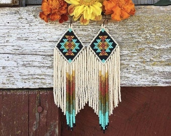 Beadwork earrings, Multi Colours earrings Beaded earrings Ethnic earrings American native Seed beads earrings Fringe earrings Boho earrings