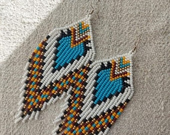 Beadwork earrings, Multi Colours earrings Beaded earrings Ethnic earrings American native Seed beads earrings Fringe earrings Boho earrings