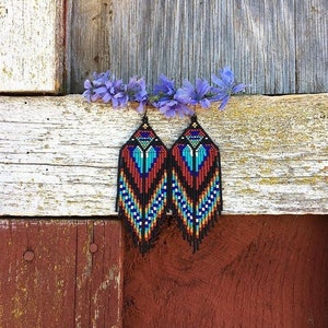 Beadwork earrings, Multi Colours earrings Beaded earrings Ethnic earrings American native Seed beads earrings Fringe earrings Boho earrings