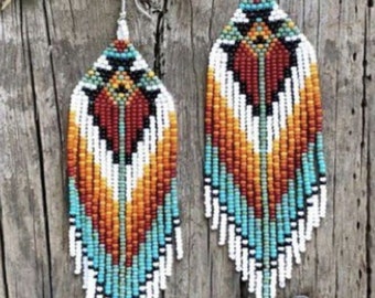 Beadwork earrings, Multi Colours earrings Beaded earrings Ethnic earrings American native Seed beads earrings Fringe earrings Boho earrings