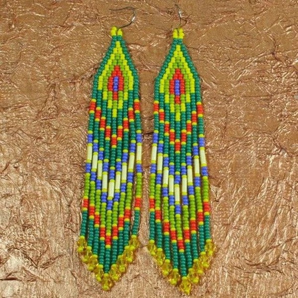 Beadwork earrings, Multi Colours earrings Beaded earrings Ethnic earrings American native Seed beads earrings Fringe earrings Boho earrings